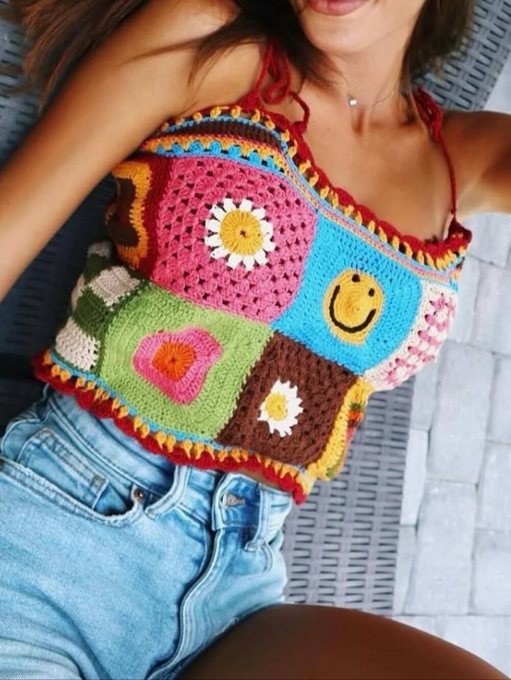 Earthbound Boho Crocheted Patchwork Cami Top - Multicolor XXL